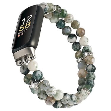 Wongeto Compatible with Fitbit Luxe BandsFashion Handmade Elastic Stretch Pearl Bracelet Women Replacement Strap for Fitbit Luxe accssorises Tree Pattern Agate