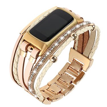 YOSWAN Leather Bands Compatible with Fitbit Charge 5 Bands for Women Boho Handmade Multilayer Wrap Bracelets Jewelry Strap Wristband Replacement for Fitbit Charge 5 Fitness Tracker KhakiGold