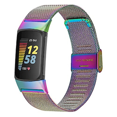 FitTurn Slim Band for Fitbit Charge 5 SmartWatch Mesh Stainless Steel Adjustable Watchband Feminine Strap Replacement Accessory Strap for Charge 5 Fitness Health Tracker Colorful
