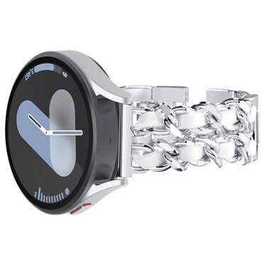 Surace Compatible for Samsung Galaxy Watch 7 Band Women Bracelet for Galaxy Watch 7FE654 40mm 44mm Galaxy Watch 6 Classic 43mm 47mm Galaxy Watch Active 2 Bands Silver Link with White Leather