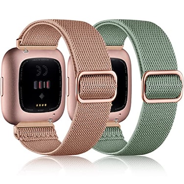Fuleda Elastic Bands Compatible with Fitbit Versa 2 Soft Adjustable Braided Nylon Breathable Sport Band for Versa Smartwatch Pine Green Dark Pink
