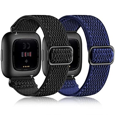 Fuleda Elastic Bands Compatible with Fitbit Versa 2 VersaVer sa Lite Women Men Soft Adjustable Braided Nylon Breathable Sport Band for Versa Smartwatch Loop Stretchy Wristband2Pack BlackDeepblue