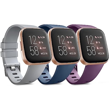 Meliya PACK 3 Soft Silicone Bands Compatible for Fitbit Versa 2 Fitbit VersaFitbit Versa Lite Adjustable Sport Bands for Women Men Small Large GreyBluePurple Small