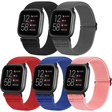 XFYELE 5 Pack Adjustable Elastic Watch Band Compatible with Fitbit Versa 2 Band Women Men Soft Loop Stretchy Nylon Sport Straps Replacement Wristbands