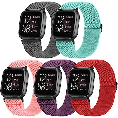 XFYELE 5 Pack Adjustable Elastic Watch Band Compatible with Fitbit Versa 2 Band Women Men Soft Loop Stretchy Nylon Sport Straps Replacement Wristbands