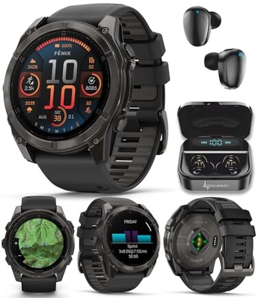 Wearable4U Garmin Fenix 8 51 mm AMOLED Multisport GPS Smartwatch Sapphire Carbon Gray DLC Titanium with BlackPebble Gray Silicone Builtin LED Flashlight Voice Control Black Earbuds Bundle