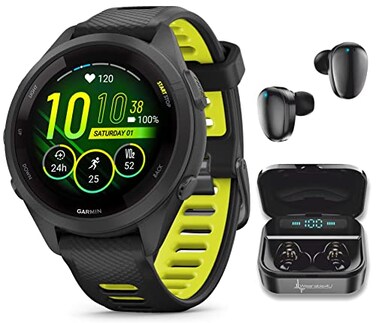 Wearable4U Garmin Forerunner 265S Music GPS Running 42 mm Smartwatch Black with AMOLED 11in Touchscreen Display Black Earbuds Bundle Black Blk EarBuds