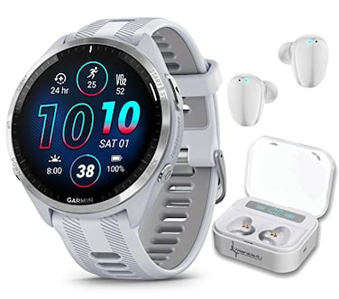 Wearable4U Garmin Forerunner 965 Premium GPS Running and Triathlon 47mm Smartwatch with AMOLED Touchscreen Display Titanium Bezel Whitestone Silicone Band White Earbuds Bundle White Wht EarBuds
