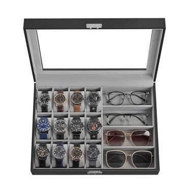 SONGMICS 16Slot Watch Box Lockable Storage Case With Glass Lid Gift Idea Ink Black Synthetic Leather Dove Gray Lining UJWB112G01