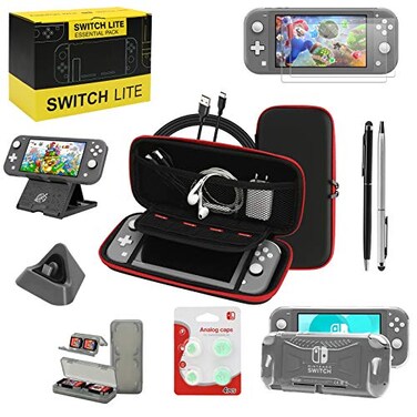 WDZREE Switch Lite Accessories Bundle Kit with Carrying CaseTPU Case Cover with Screen ProtectorCharging DockPlaystand Game Card Case USB Cable StylusThumb Grip Caps for Nintendo Switch Lite Black