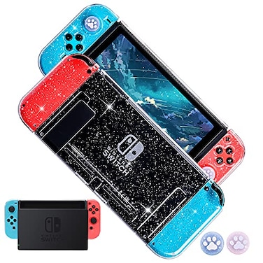 FANPL Glitter Clear Case for Nintendo Switch TPU Silicone Soft Shell Dockable Protective Case Cover for Switch and Joy Con Controller with 2 Bling Thumb Grips Transparent