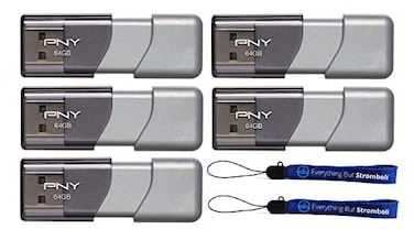 PNY 64GB USB 30 Flash Drive Elite Turbo Attache 3 Five Pack Model PFD64GTBOPGE Bundle with 2 Everything But Stromboli Lanyard
