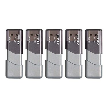 PNY 64GB Turbo Attach 3 USB 30 Flash Drive Silver Pack of 5