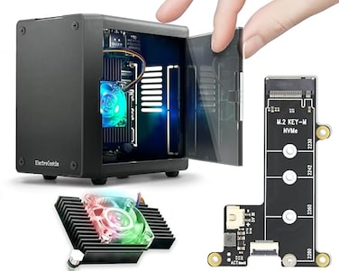 ElectroCookie Mini PC Case for Raspberry Pi 5 with M2 NVMe SSD PCIe HAT and Active RGB Lighting Cooler Black Case M2 HATX1001