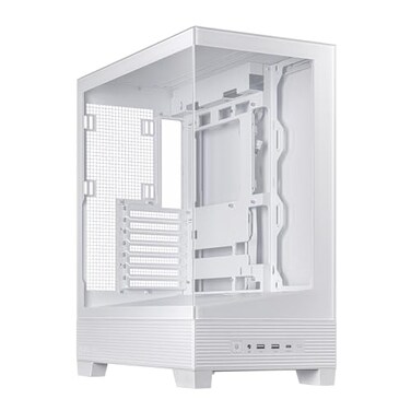 ASUS A31 White ATX MidTower Gaming Case Dual Tempered Glass Frameless BTF Hidden Connectors 360 AIO Support Angled Base ARGB Optimized Airflow Seamless Cable Management