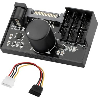 OwlTree 4 Pin 12V PWM Fan Controller 6 Fans Supported PC Fan Adapter Hub Powered by SATA and DC 5525 Cooling Fan Speed Knob with Max Total 60W 5A Output