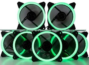 Computer Upgrade CUK 7Pack Green Halo Ring 120mm LED Vibrant Color Computer Case Fan for CPU Coolers and Radiators High Airflow 45 CFM AntiVibration Pads