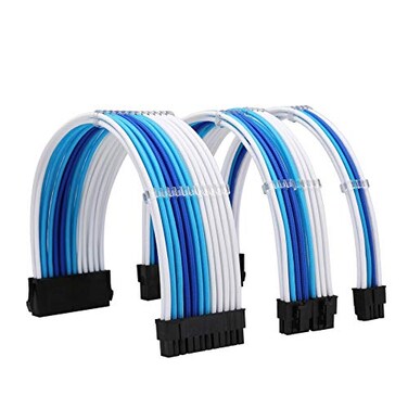 Formulamod PSU Cable Extension Kit 18AWG Sleeved 24 Pin ATX 8 Pin EPS Dual 8 Pin PCIE Custom PC Cable Extensions with Combs for Clean Cable Management Gaming PC Build White Sky Blue Blue