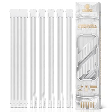 AsiaHorse Power Supply Sleeved Cable 16 AWG PSU Extension Cable Kit of White Connector 1x24Pin2x44 EPS3x62 PCIE 30cm Length with CombsWhite