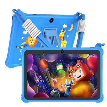 PRITOM 7 inch Kids Tablet with Lanyard 32GB Toddler Tablet Android 13 with WiFi Dual Camera Education Games Kids Software PreInstalled Parental Control Blue