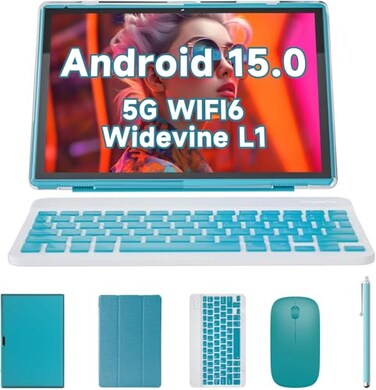 ATOZEE 10 inch Tablet 2 in 1 Android 15 Tablets with Keyboard 10 Tabletas Include Mouse Keyboard Stylus Case 6000mAh 8GB RAM 32GB ROM Support 1TB Expandable Tableta Dual Camera 5G WiFi6 Bluetooth Tabl