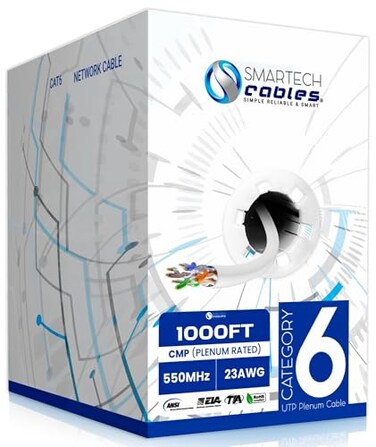 Smartech Cables Cat6 Plenum Cable 1000ft 23 AWG 10Gbps UTP 550MHz 4Pairs EasyPull Box HighSpeed Cat 6 Ethernet Cable Bulk CMPRated for Residential and Commercial Networking White