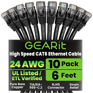 GEARit Cat 6 Ethernet Patch Cable 6 ft Black 10 Pack Cat6 Patch Cables 6ft BlackEthernet Patch Cable 10Gbps 550MHz 24AWG Pure Copper Snagless Gold Plated RJ45 for Router Server Router PC