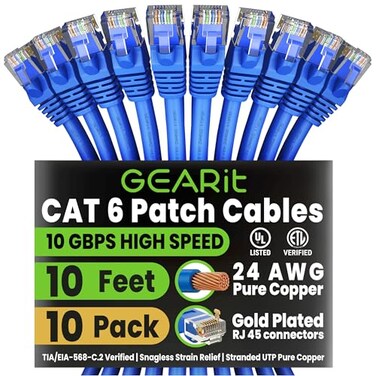 GEARit Cat 6 Ethernet Patch Cable 10 ft Blue 10 Pack Cat6 Patch Cables 10ft BlueEthernet Patch Cable 10Gbps 550MHz 24AWG Pure Copper Snagless Gold Plated RJ45 for Router Server Router PC