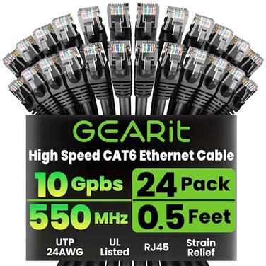 GEARit Cat 6 Ethernet Patch Cables 05 ft Black Cat 6 Ethernet Cables 05 ft 24Pack High Speed 24AWG 10Gbps RJ45 Snagless GoldPlated Ethernet Cable for Router Switch PC PS5 Gaming Server