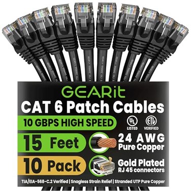 GEARit Cat 6 Ethernet Patch Cable 15 ft Black 10 Pack Cat6 Patch Cables 15ft BlackEthernet Patch Cable 10Gbps 550MHz 24AWG Pure Copper Snagless Gold Plated RJ45 for Router Server Router PC