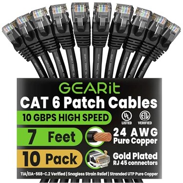 GEARit Cat 6 Ethernet Patch Cable 7 ft Black 10 Pack Cat6 Patch Cables 7ft BlackEthernet Patch Cable 10Gbps 550MHz 24AWG Pure Copper Snagless Gold Plated RJ45 for Router Server Router PC