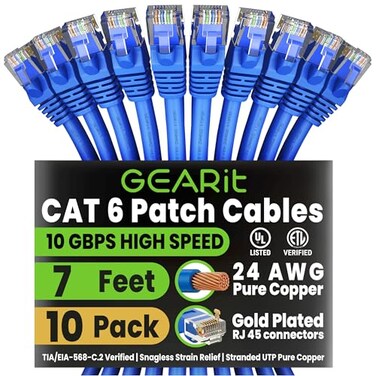 GEARit Cat 6 Ethernet Patch Cable 7 ft Blue 10 Pack Cat6 Patch Cables 7ft BlueEthernet Patch Cable 10Gbps 550MHz 24AWG Pure Copper Snagless Gold Plated RJ45 for Router Server Router PC