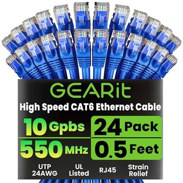 GEARit Cat 6 Ethernet Patch Cable 05 ft Blue 24Pack Cat6 Ethernet Patch Cables 05ft High Speed 24AWG 10Gbps RJ45 Snagless GoldPlated Ethernet Cable for Router Switch PC PS5 Gaming Server