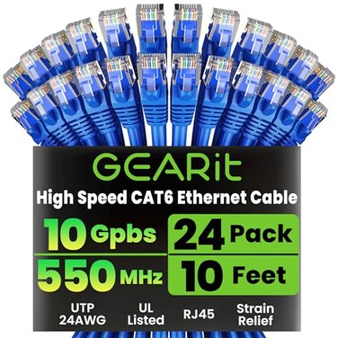 GEARit Cat 6 Ethernet Patch Cable 10 ft Blue 24Pack Cat6 Ethernet Patch Cables 10ft High Speed 24AWG 10Gbps RJ45 Snagless GoldPlated Ethernet Cable for Router Switch PC PS5 Gaming Server