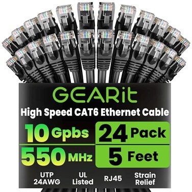 GEARit Cat 6 Ethernet Patch Cables 5 ft Black Cat 6 Ethernet Cables 5 ft 24Pack CAT6 High Speed 24AWG 10Gbps RJ45 Snagless GoldPlated Ethernet Cable for Router Switch PC PS5 Gaming Server