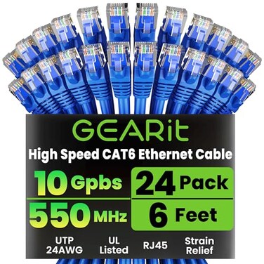 GEARit Cat 6 Ethernet Patch Cable 6 ft Blue 24Pack Cat6 Ethernet Patch Cables 6ft Cat 6 High Speed 24AWG 10Gbps RJ45 Snagless GoldPlated Ethernet Cable for Router Switch PC PS5 Gaming Server