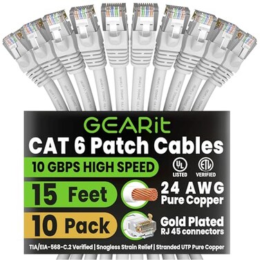GEARit Cat 6 Ethernet Patch Cable 15 ft White 10 Pack Cat6 Patch Cables 15ft WhiteEthernet Patch Cable 10Gbps 550MHz 24AWG Pure Copper Snagless Gold Plated RJ45 for Router Server Router PC
