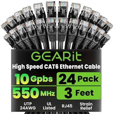 GEARit Cat 6 Ethernet Patch Cables 3 ft Black Cat 6 Ethernet Cables 3 ft 24Pack CAT6 High Speed 24AWG 10Gbps RJ45 Snagless GoldPlated Ethernet Cable for Router Switch PC PS5 Gaming Server