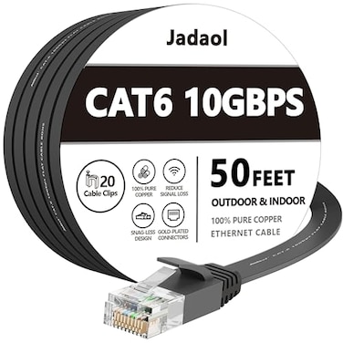Jadaol Cat 6 Ethernet Cable 50 ft 10Gbps Support Cat8 Cat7 Network Flat RJ45 LAN Patch Cable HighSpeed Wired Internet Cable for Router Modem Switch Gaming Consoles PC Streaming Devices Black