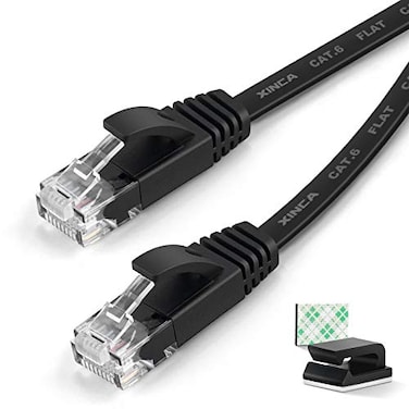 XINCA Cat6 Ethernet Cable 15 ft Black Gigabit Flat Network LAN Cable with 5 pcs Cable Clips Snagless Rj45 Connectors for ComputerModemRouterXBox Faster Than Cat5eCat5