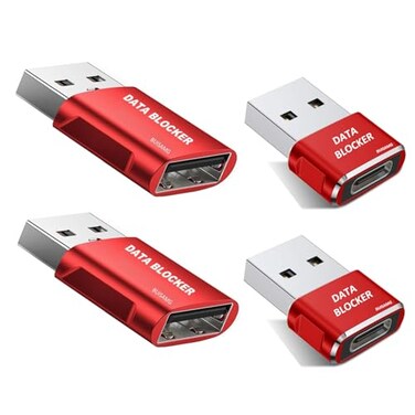 BUISAMG Data Blocker USB A USB C Data Blocker for Any USB C Mobile Phone Quick Charge Protect Against Juice Jacking Refuse Hacking Only Safe Charging 4Pack Red