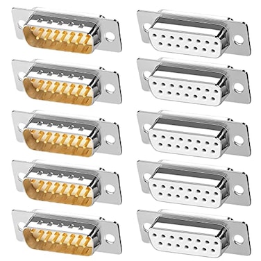 Jienk 10PCS DB15 RS232 Serial DSUB Solder Cup Connectors Gold Plated Joints RS232 Serial Port 15Pin D Sub CouplersMale x 5 Female x 5