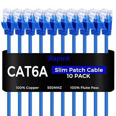 Rapink Patch Cables Cat6a 3ft 10 Pack Slim Cat6a Ethernet Patch Cable 10G Support Snagless Cat 6 Patch Cable for Patch Panel to Switch Flexiable Cat 6a Ethernet Cable with Gold Plated