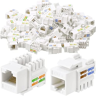 Hoteam 100 Pcs Cat6 Keystone Jacks Rj45 Ethernet Modular Coupler Punch Down Insert 90Degree UTP Connector for Wall Plate Panel and Surface Mount Box White