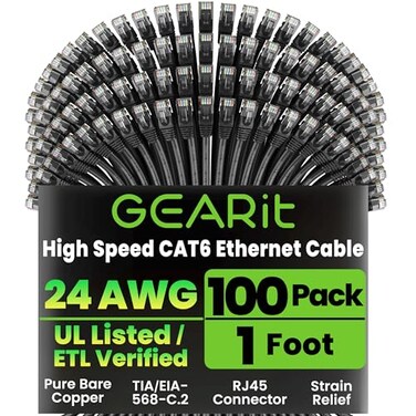 GEARit Cat 6 Patch Cables 1 ft Black 100 Pack Cat6 Patch Cables 1ft BlackEthernet Patch Cable 10Gbps 550MHz 24AWG Pure Copper Snagless Gold Plated RJ45 for Router Server Router PC