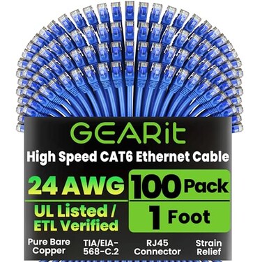 GEARit Cat 6 Patch Cables 1 ft Blue 100 Pack Cat6 Patch Cables 1ft BlueEthernet Patch Cable 10Gbps 550MHz 24AWG Pure Copper Snagless Gold Plated RJ45 for Router Server Router PC