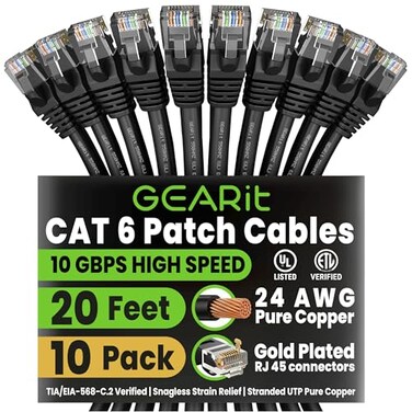 GEARit Cat 6 Ethernet Patch Cable 20 ft Black 10 Pack Cat6 Patch Cables 20ft BlackEthernet Patch Cable 10Gbps 550MHz 24AWG Pure Copper Snagless Gold Plated RJ45 for Router Server Router PC