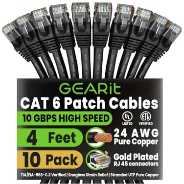 GEARit Cat 6 Ethernet Patch Cable 4 ft Black 10 Pack Cat6 Patch Cables 4ft BlackEthernet Patch Cable 10Gbps 550MHz 24AWG Pure Copper Snagless Gold Plated RJ45 for Router Server Router PC