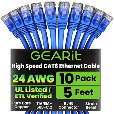 GEARit Cat 6 Ethernet Patch Cable 5 ft Blue 10 Pack Cat6 Patch Cables 5ft BlueEthernet Patch Cable 10Gbps 550MHz 24AWG Pure Copper Snagless Gold Plated RJ45 for Router Server Router PC