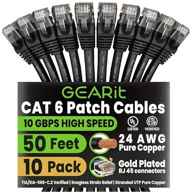 GEARit Cat 6 Ethernet Patch Cable 50 ft Black 10 Pack Cat6 Patch Cables 50ft BlackEthernet Patch Cable 10Gbps 550MHz 24AWG Pure Copper Snagless Gold Plated RJ45 for Router Server Router PC